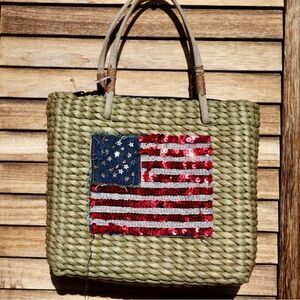 Stylish Olive Green Tote Bag with Sequin Flag Design